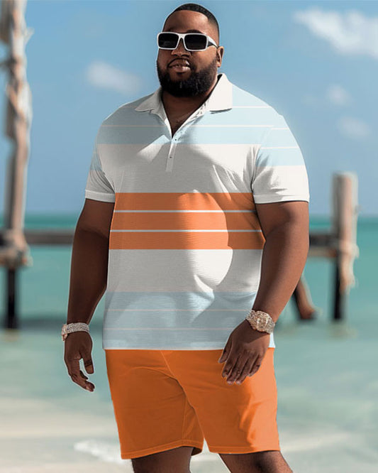 Men's Plus Size Casual Simple Colorblock Striped Polo Shorts Set