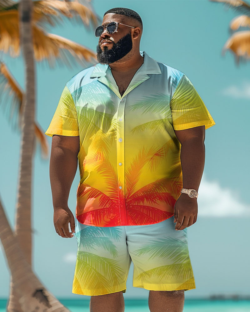 Men's Plus Size Hawaiian Gradient Coconut Tree Print Shirt Shorts Suit