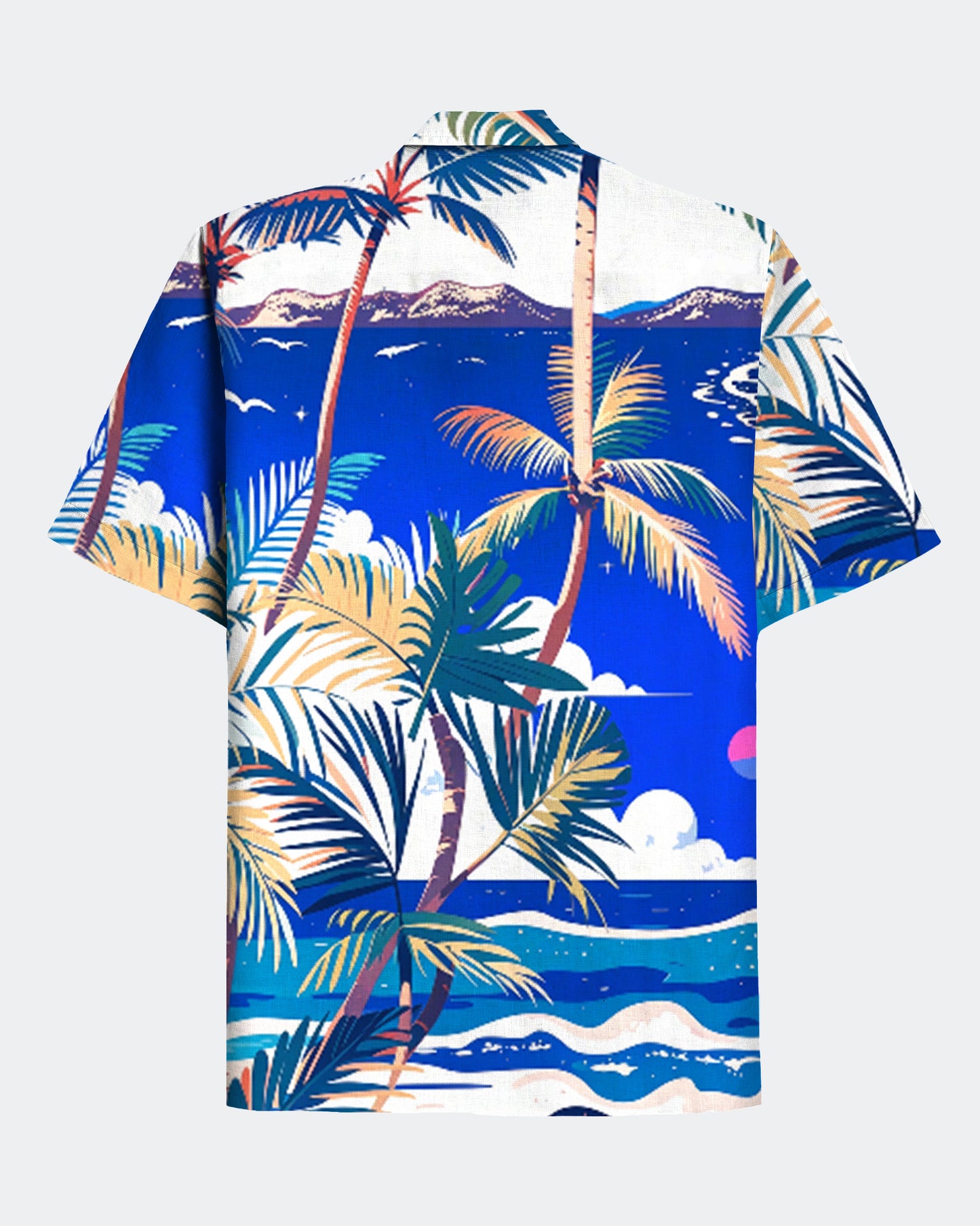 Men's Hawaiian Seaside Coconut Trees Print Cuban Collar Short Sleeve Shirt