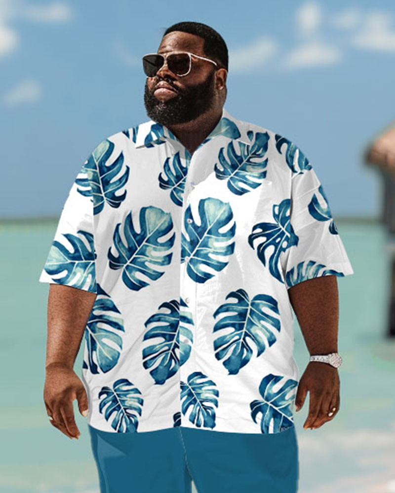 Men's Plus Size Hawaiian Turtle Leaf Print Short Sleeve Shirt Trousers Suit