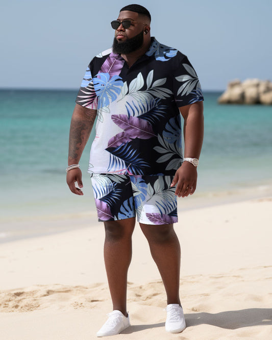 Men's Plus Size Beach Hawaiian Pattern Polo Shirt and Shorts Two-piece Set