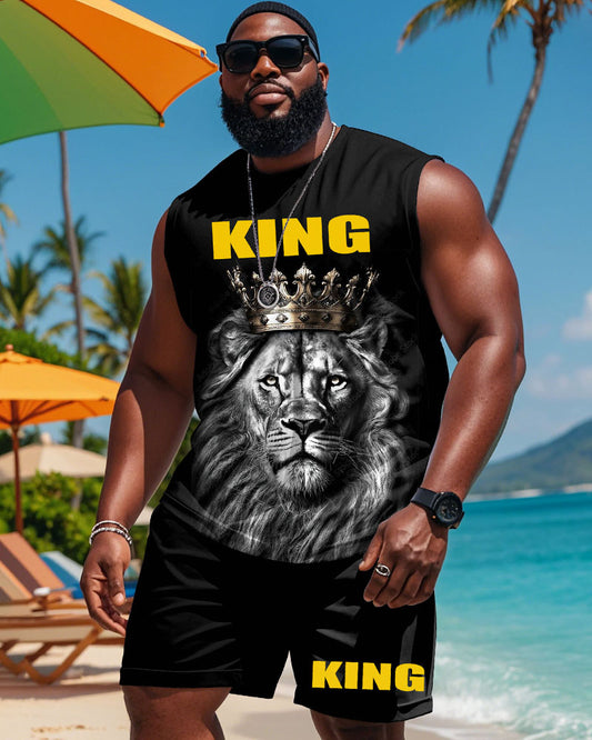 Men's Big Summer KING-3D Lion Print Tank Shorts Suit