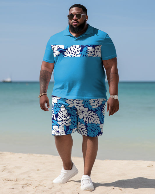 Men's Plus Size Hawaiian Tropical Flora Print Polo Shirt Shorts Suit