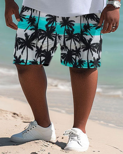 Hawaiian Striped Coconut Polo Shirt and Shorts Two-Piece Men's Plus Size Set