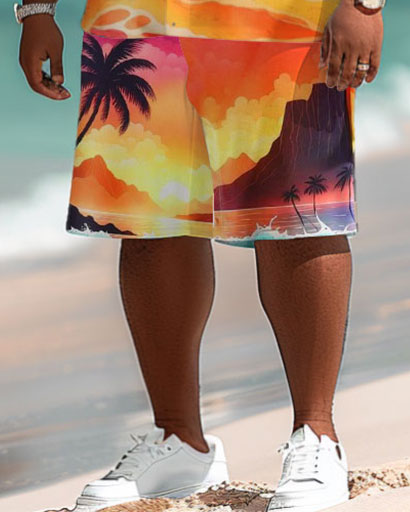 Men's Plus Size Hawaiian Sunset Gradient Coconut Print Short Sleeve Shirt Shorts Suit