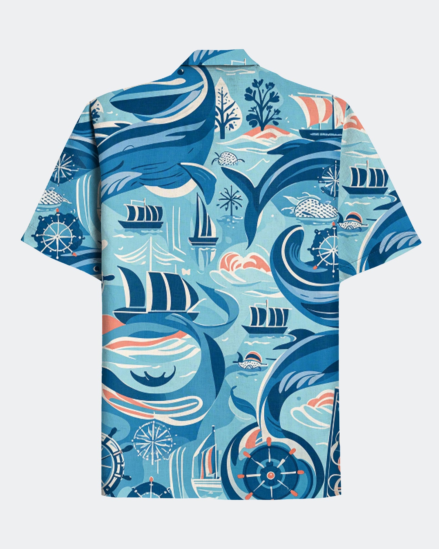 Men's Blue Sailboat Graffiti Style Hawaiian Cuban Collar Short Sleeve Shirt