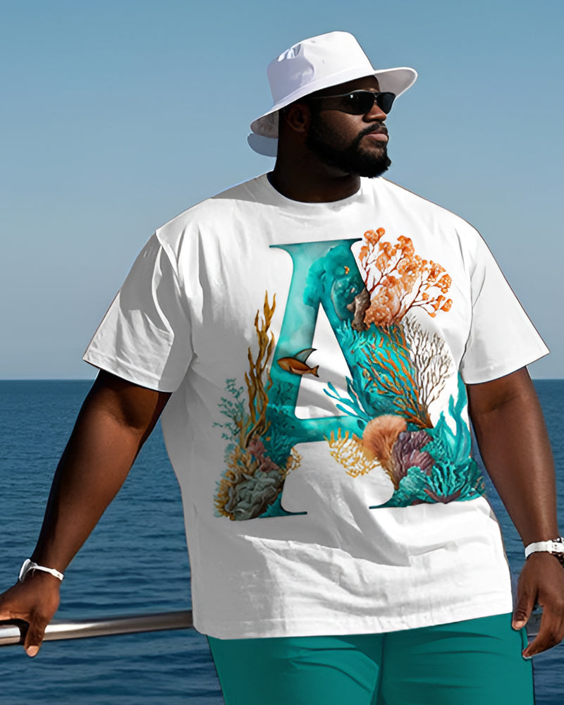 Men's Plus Size Casual Outdoor Vacation Marine Coral Letter A Print T-Shirt Shorts Suit