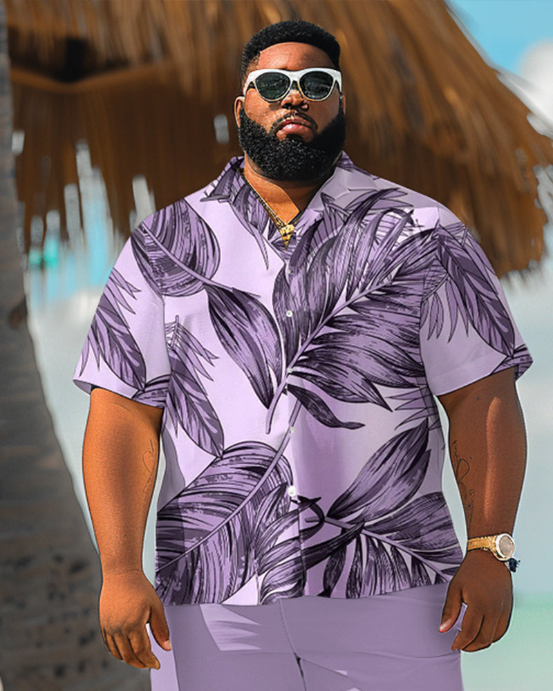 Big Men Hawaiian Plant Print Purple Shirt Shorts Set