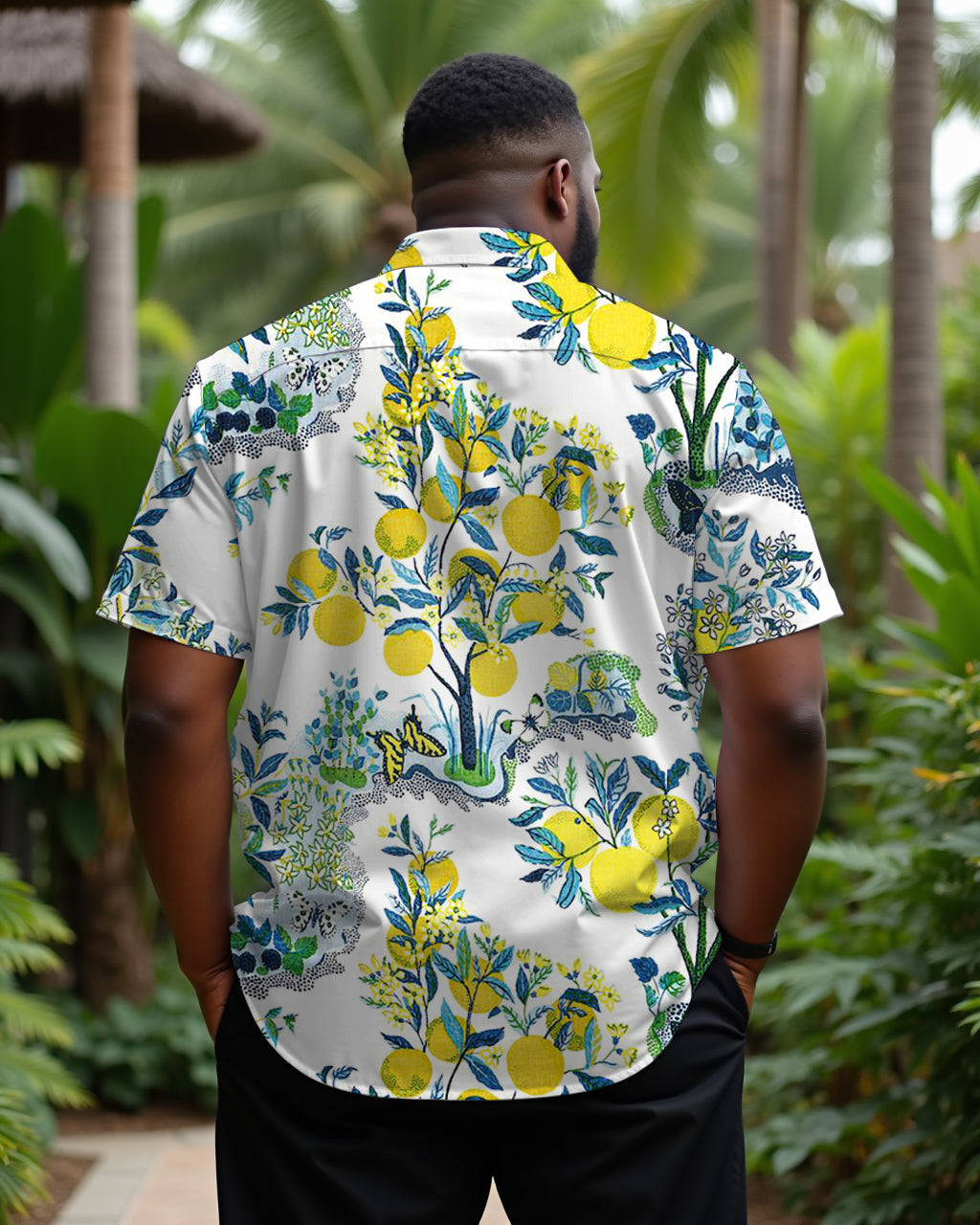 Hawaiian Casual White Clear Lemon Men's Plus Size Cuban Collar Short Sleeve Shirt