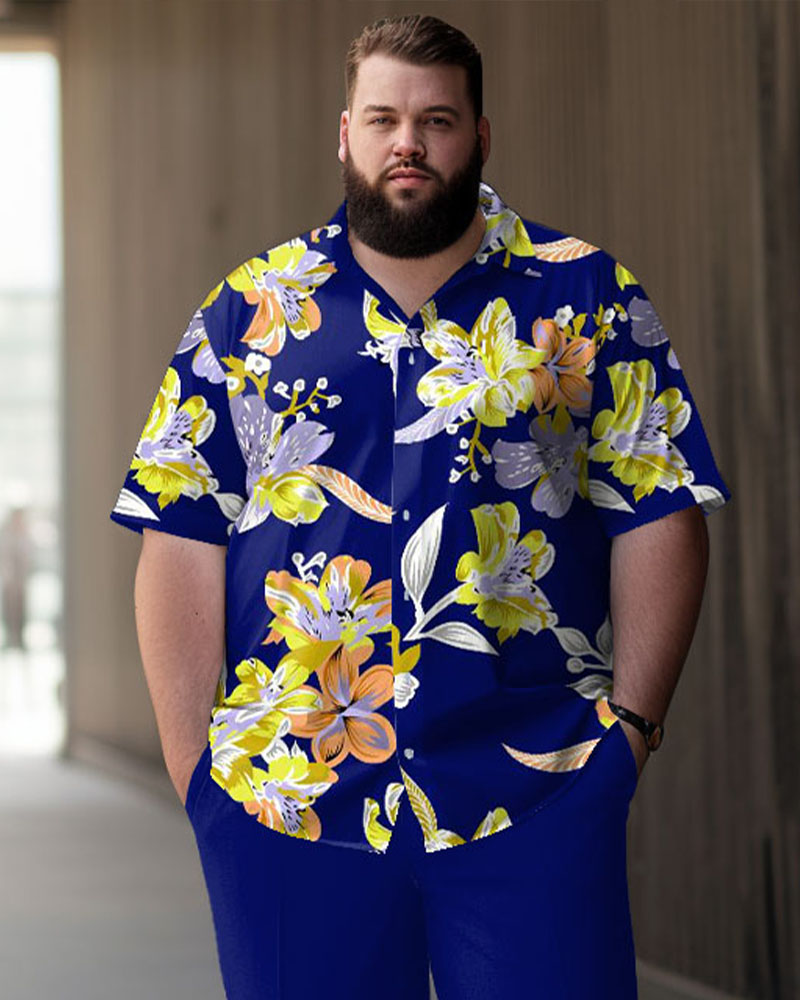 Blue Floral Pattern Shirt Trousers Suit Men's Plus Size