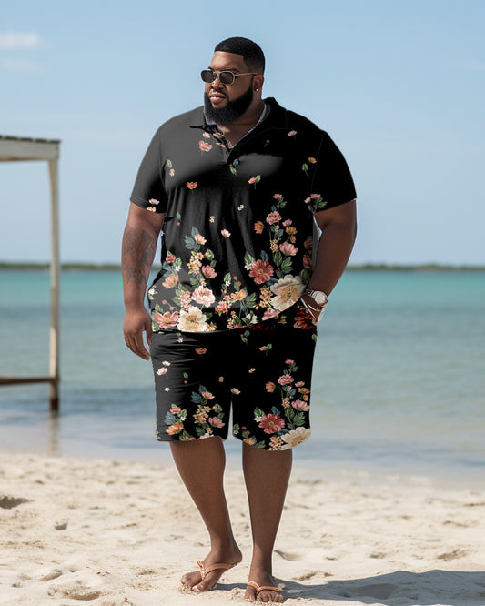 Men's Plus Size Hawaiian Art Floral Polo Shirt And Shorts Two-Piece Set