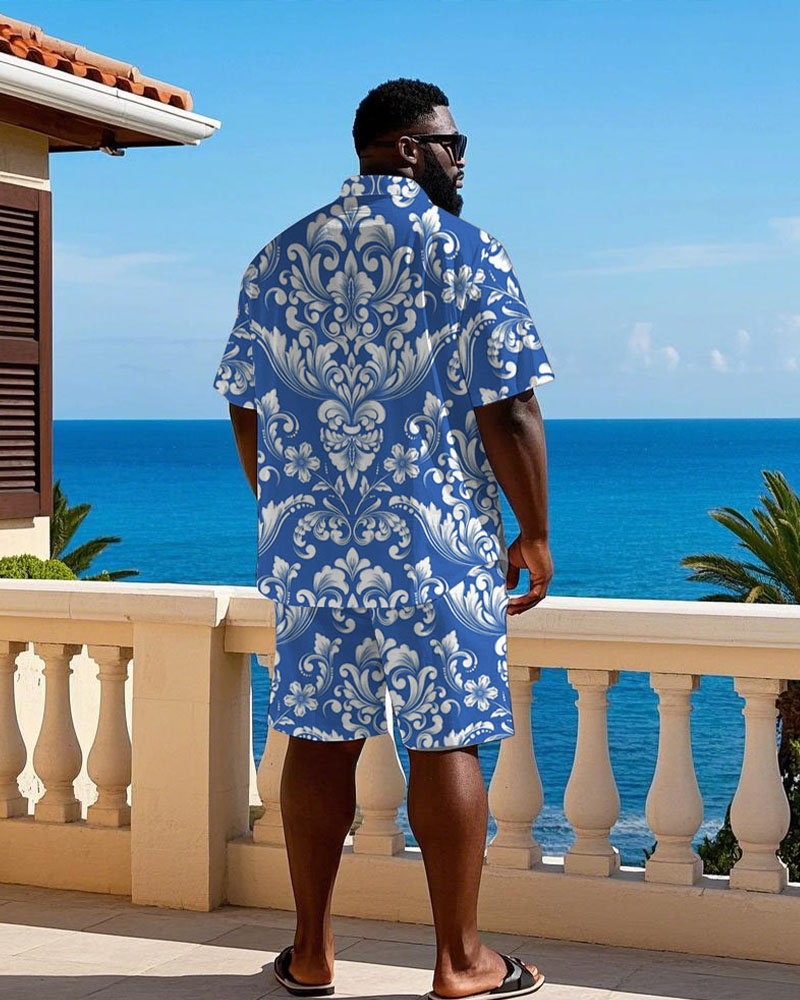 Casual Retro Palace Pattern Print Cuban Nair Short Sleeve Shirt Shorts Suit Men's Plus Size