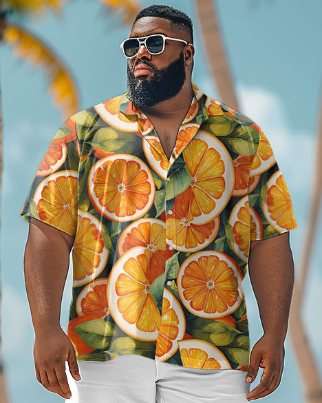 Men's Plus Size Hawaiian Orange Cut Print Shirt Shorts Suit