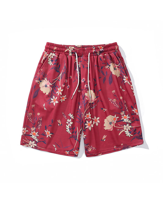 Beach Quick-Dry Claret Vintage Printed Swim Trunks