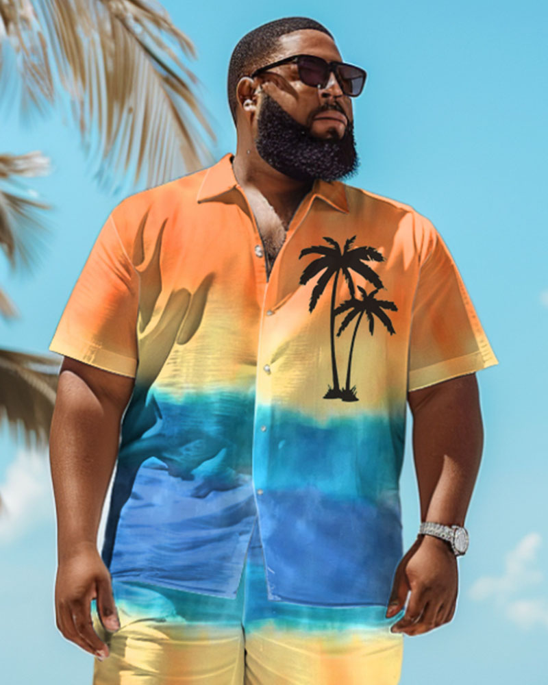 Men's Plus Size Hawaiian Gradient Coconut Tree Print Shirt Shorts Set