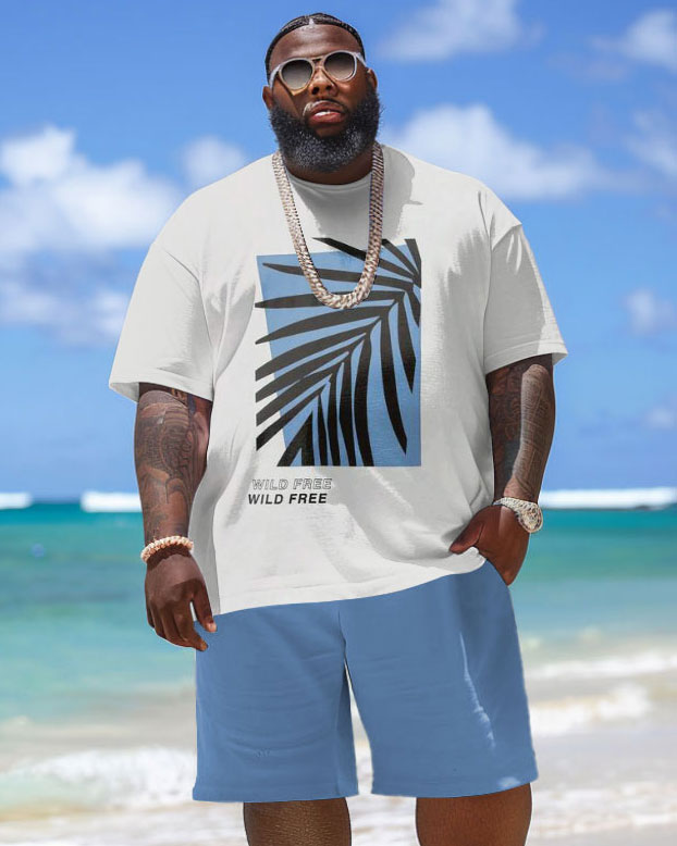 Men's Plus Size Hawaiian Leaf Letter Print T-Shirt Shorts Set