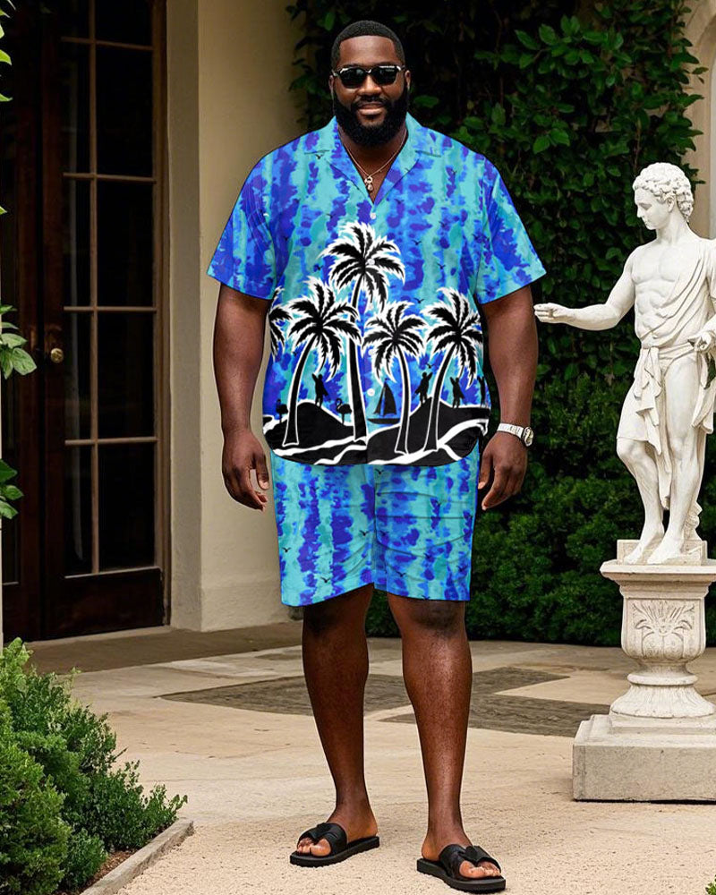 Hawaiian Blue Ocean Heart Coconut Tree Print Cuban Nare Short Sleeve Shirt Shorts Suit Men's Plus Size