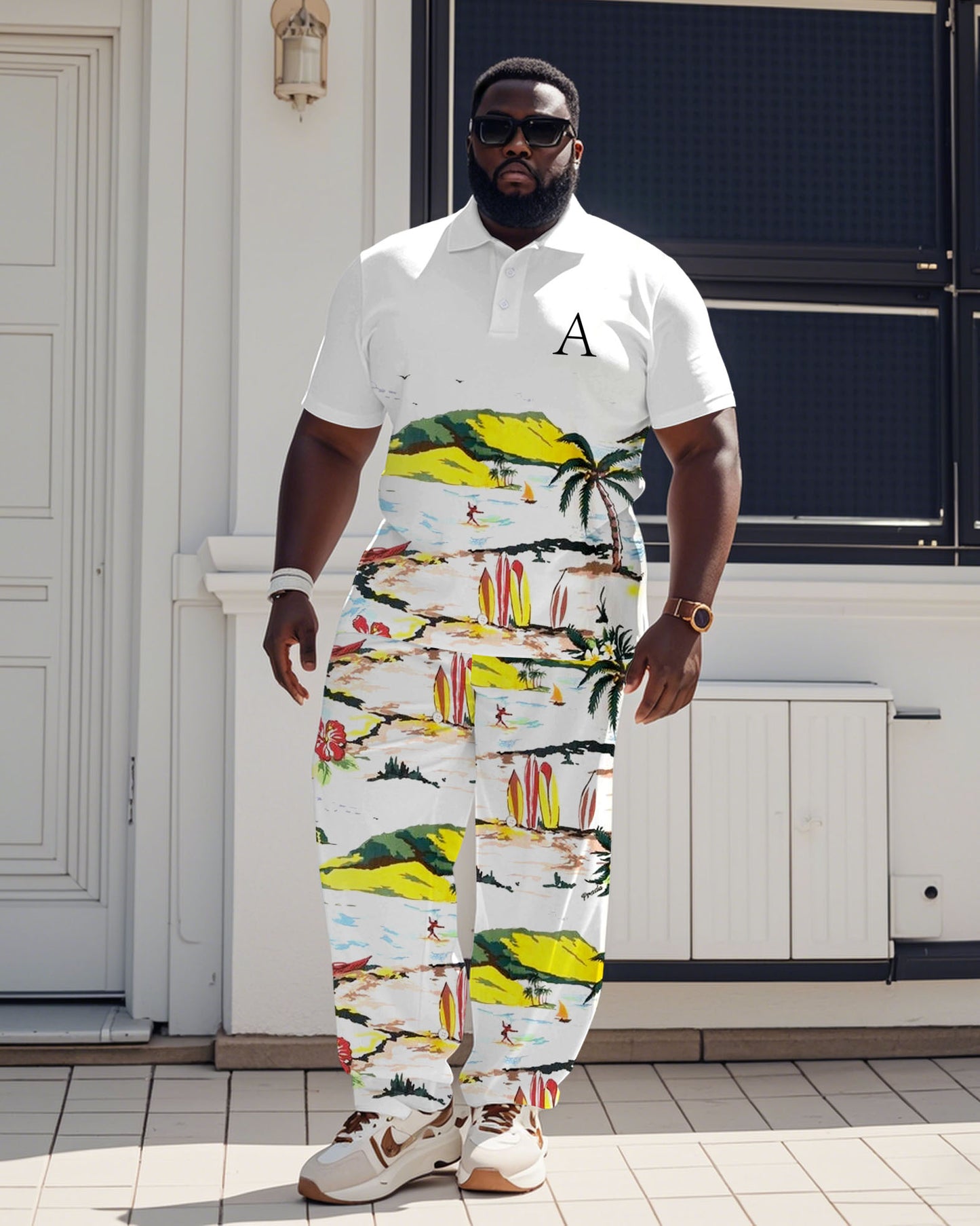 Hawaiian Seaside Surf Print Short Sleeve Polo Trousers Suit Men's Plus Size