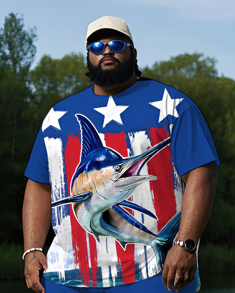 Men's Plus Size American Flag Sailfish Diving Print T-Shirt Trousers Suit