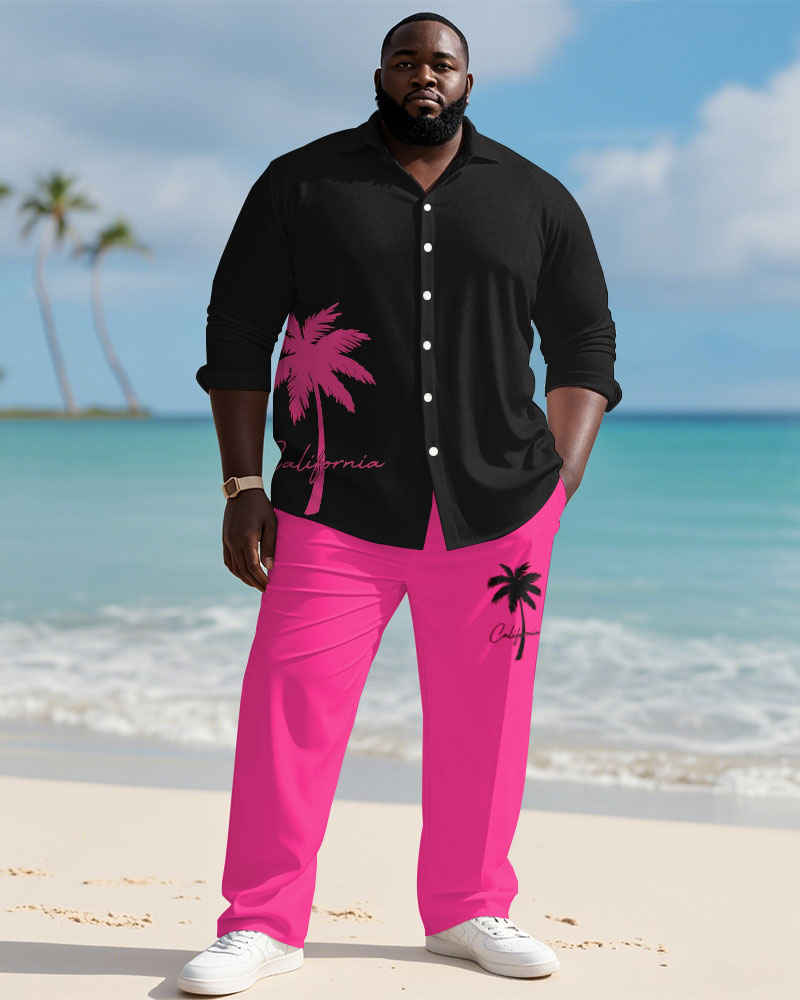 Men's Plus Size Hawaiian Coconut Tree Pink Letter Print Long Sleeve Shirt Trousers Suit