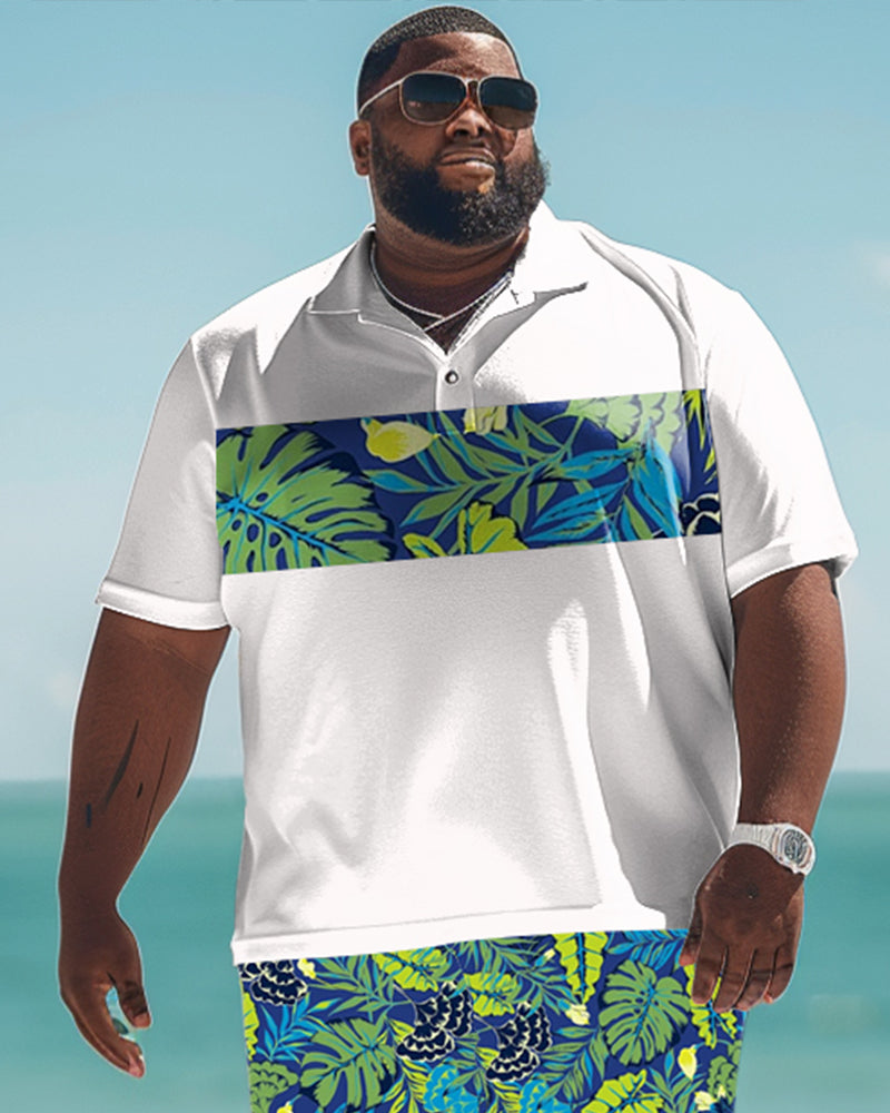 Men's Plus Size Hawaiian Floral Print Polo Shirt Shorts Suit