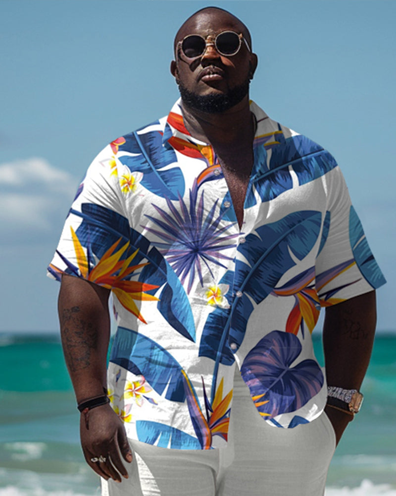 Men's Plus Size Hawaiian Vacation Style Plant Pattern Printed Short Sleeve Shirt Trousers Suit