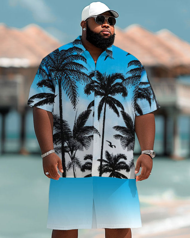 Men's Plus Size Hawaiian Gradient Coconut Tree Print Short Sleeve Shirt Shorts Suit