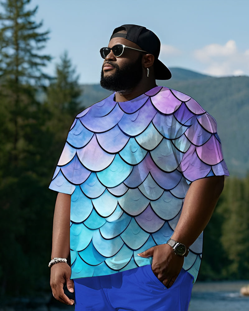 Men's Plus Size Rainbow Scale Print T-Shirt Shorts Suit