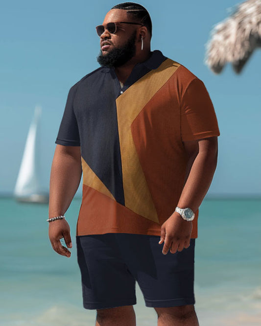 Men's Plus Size Casual Simple Colorblock Print Polo Shorts Set