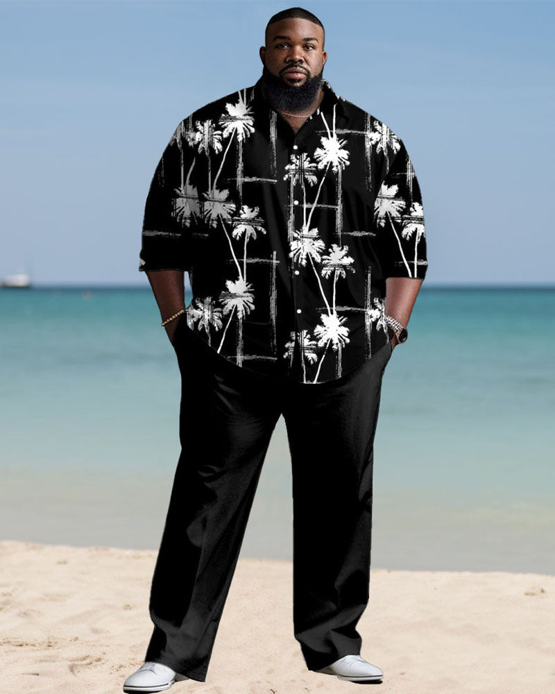 Men's Plus Size Hawaiian Geometric Stripe Coconut Long Sleeve Shirt Trousers Suit