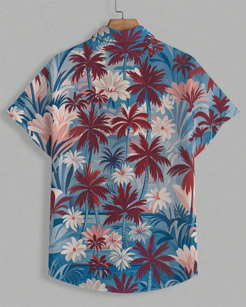 Men's Plus Size Hawaiian Blue Coconut Floral Print Short Sleeve Shirt