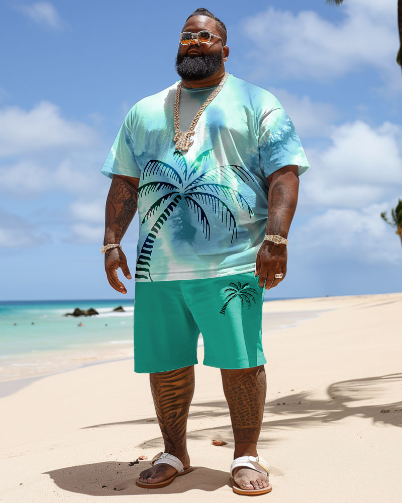 Men's Plus Size Hawaiian Tie-Dye Coconut Tree Print T-Shirt Shorts Set