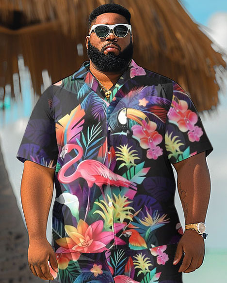 Men's Plus Size Hawaiian Flamingo Print Shirt Shorts Suit