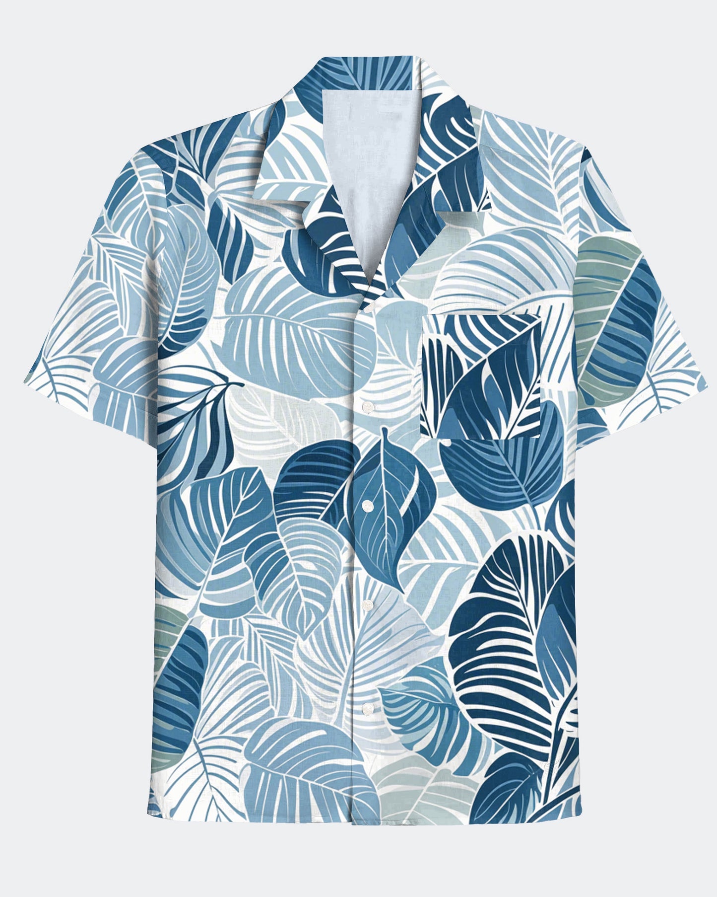 Men's Casual Blue Palm Leaf Hawaiian Cuban Collar Short Sleeve Shirt