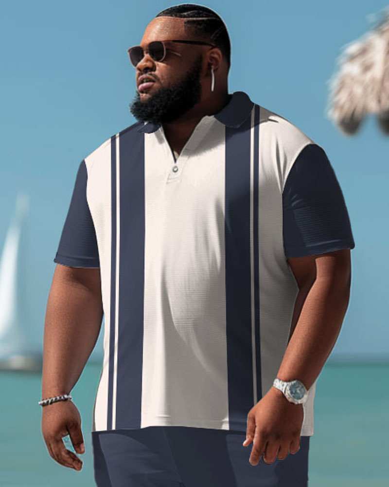 Men's Plus Size Casual Simple Striped Polo Shorts Suit