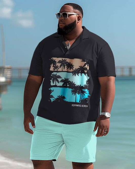 Hawaiian Contrast Coconut Print Polo Shirt and Shorts Two-Piece Men's Plus Size Set