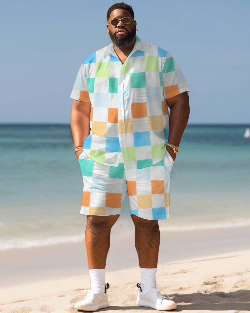 Men's Plus Size Hawaiian Colorful Block Print Shirt Shorts Suit