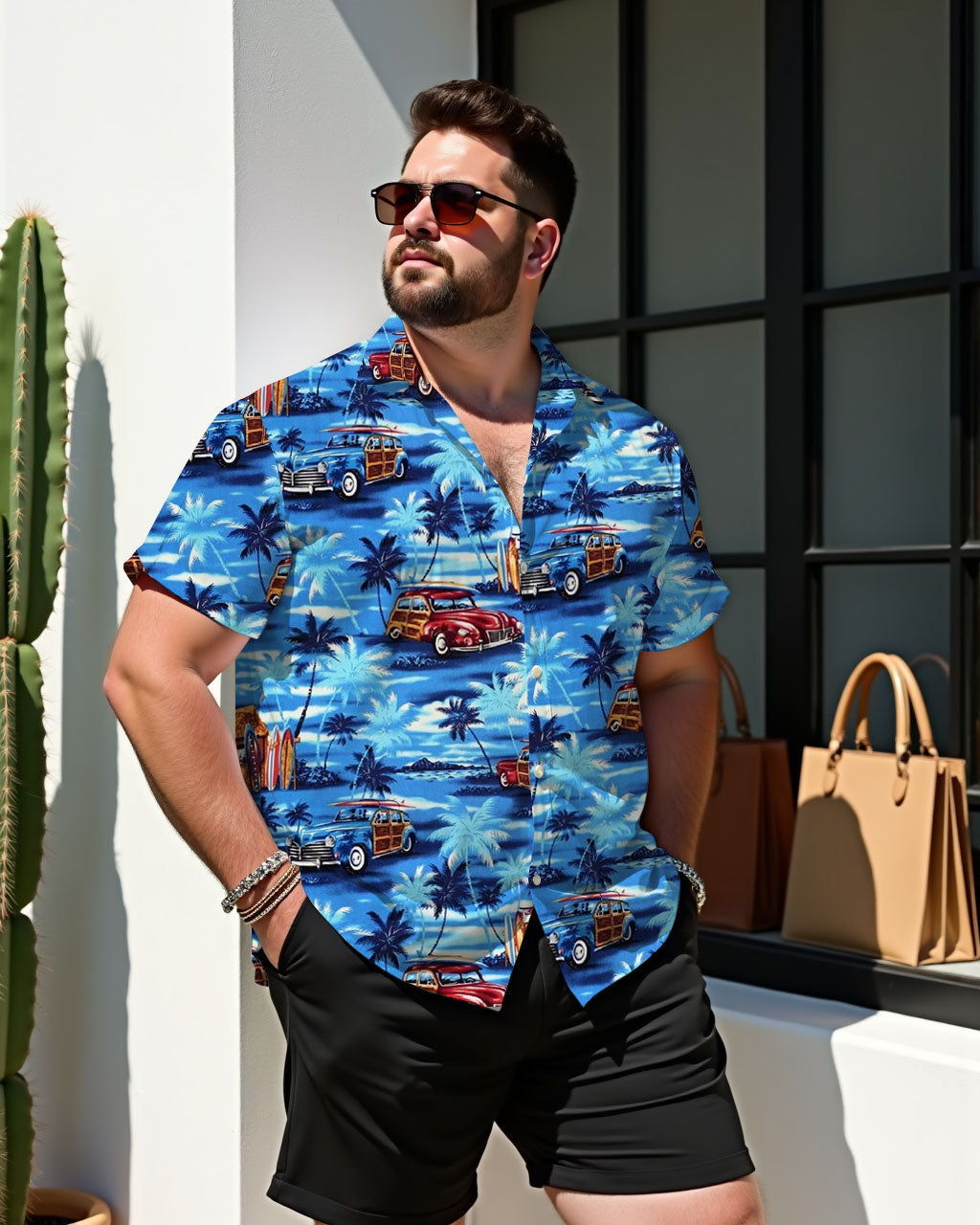 Men's Plus Size Shawat Coconut Tree & Car Fashion Printed Short Sleeve Shirt