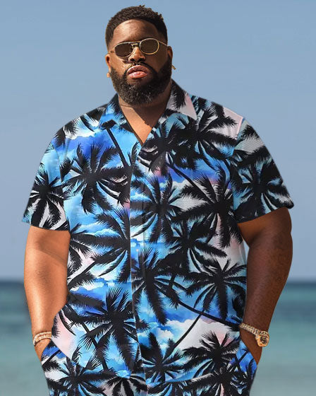 Men's Plus Size Hawaiian Blue Gradient Coconut Tree Print Shirt Shorts Suit