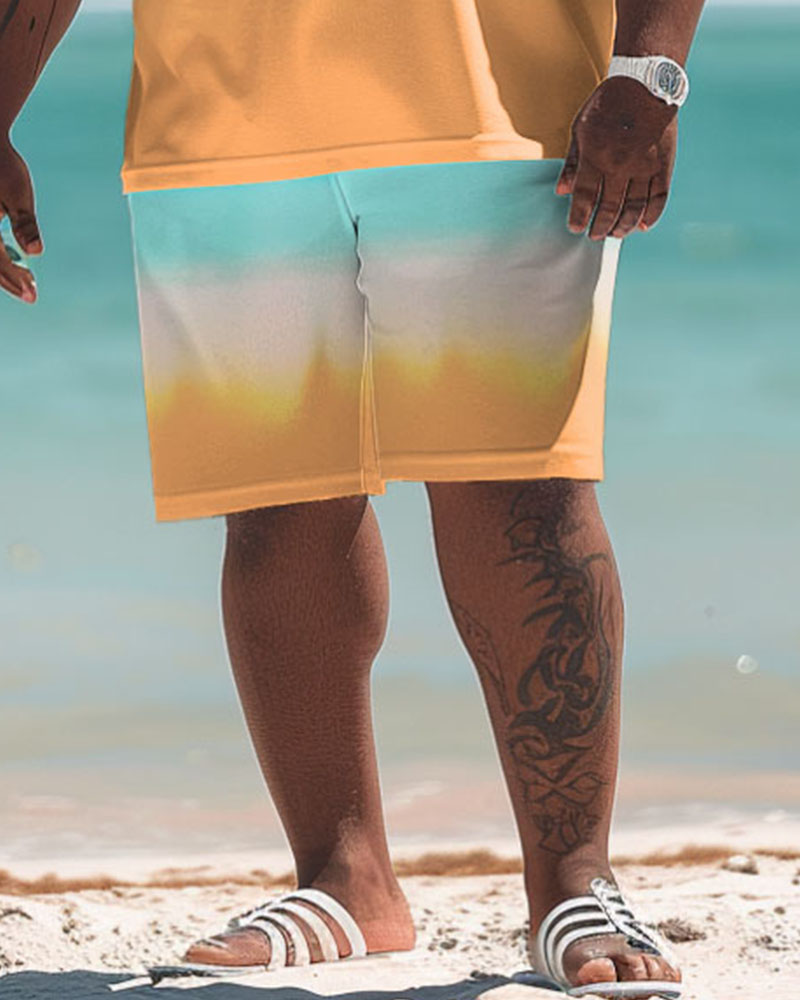 Men's Plus Size Beach Gradient Coconut Tree Polo Shirt and Shorts Set