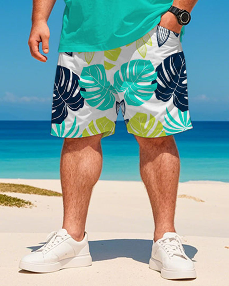 Men's Plus Size Hawaiian Turtle Leaf Letter Print T-Shirt Shorts Suit