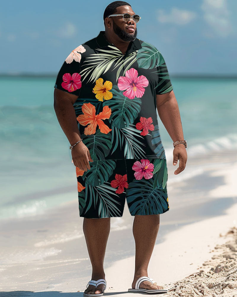 Men's Plus Size Hawaiian Palm Leaf Flower Print Polo Shorts Suit