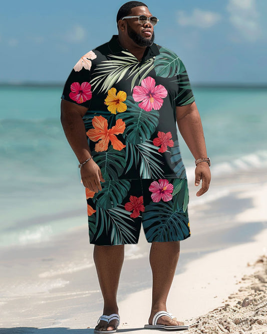 Men's Plus Size Hawaiian Palm Leaf Flower Print Polo Shorts Suit