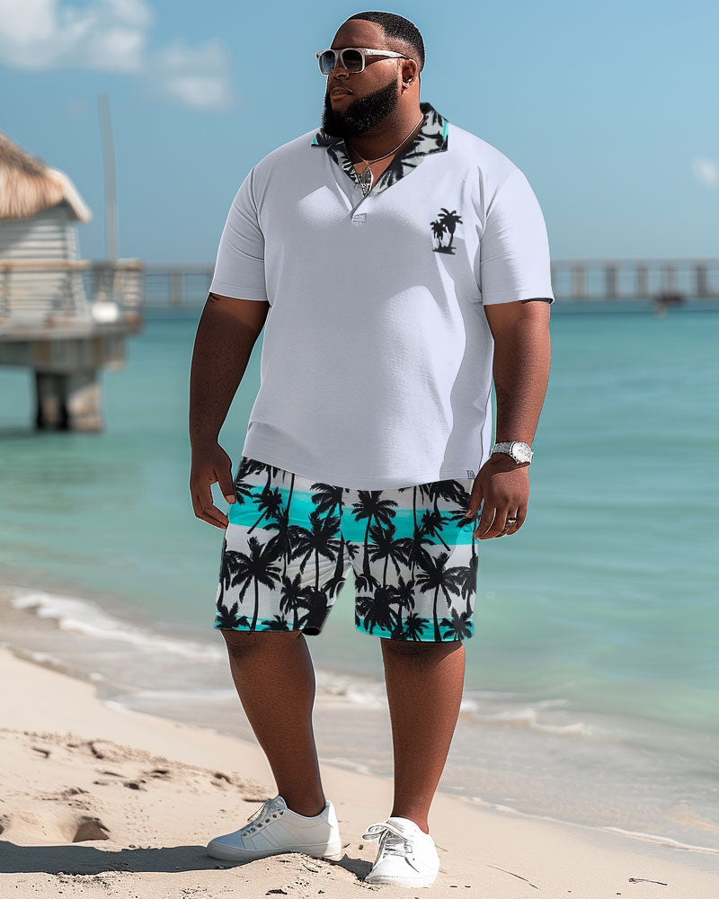 Hawaiian Striped Coconut Polo Shirt and Shorts Two-Piece Men's Plus Size Set