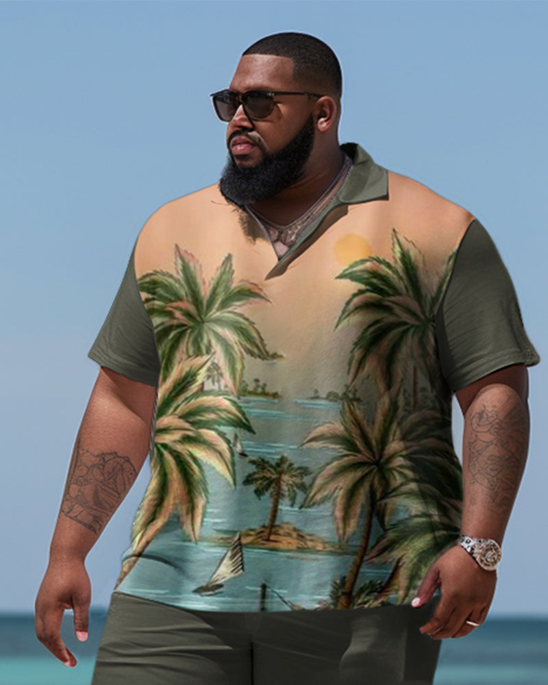 Big Guys Business Beach Coconut Tree Green Two-Piece Set