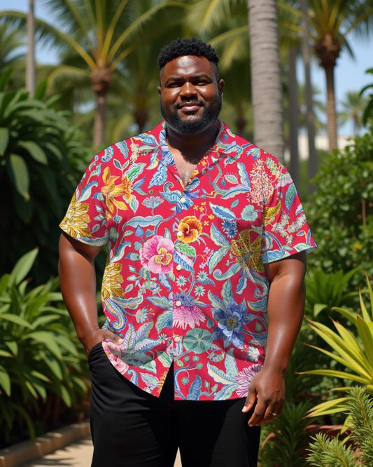 Hawaiian Casual Red Beautiful Garden Men's Plus Size Cuban Collar Short Sleeve Shirt