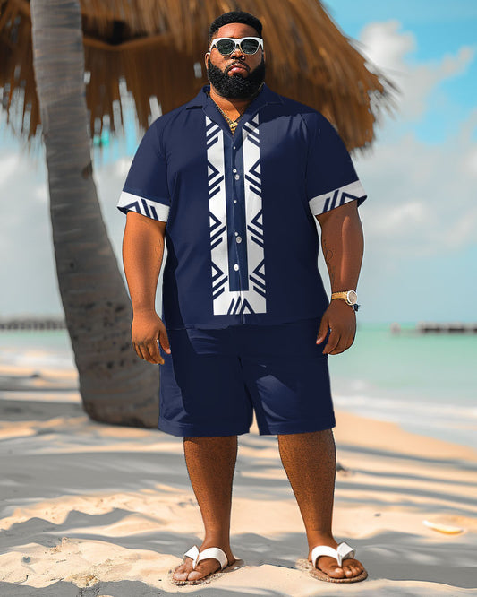 Men's Plus Size Hawaiian Cuff Patchwork Print Shirt Shorts Set