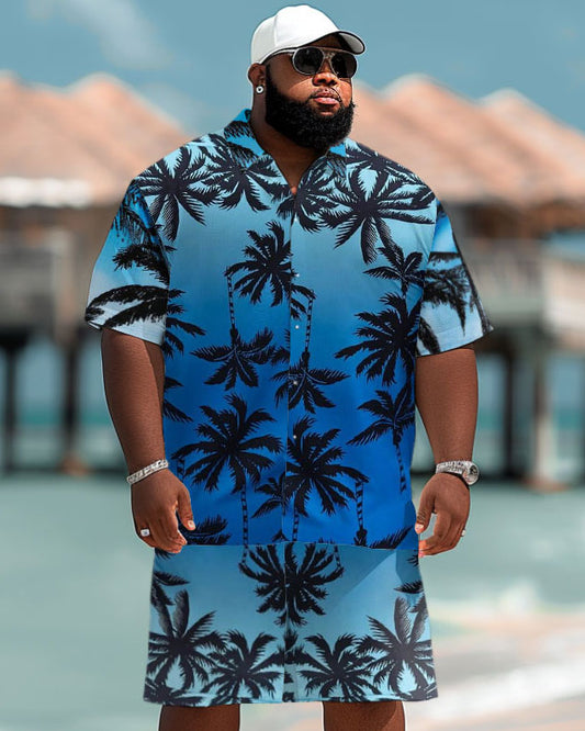 Men's Plus Size Hawaiian Gradient Coconut Tree Print Short Sleeve Shirt Shorts Suit