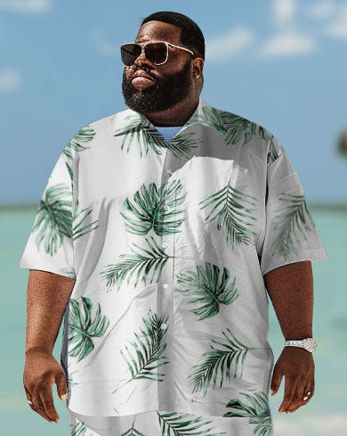 Men's Plus Size Hawaiian Turtle Leaf Print Short Sleeve Shirt Trousers Suit