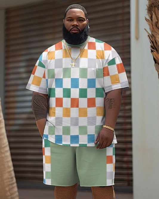 Men's Plus Size Hawaiian Colorful Check Print T-shirt Shorts Suit